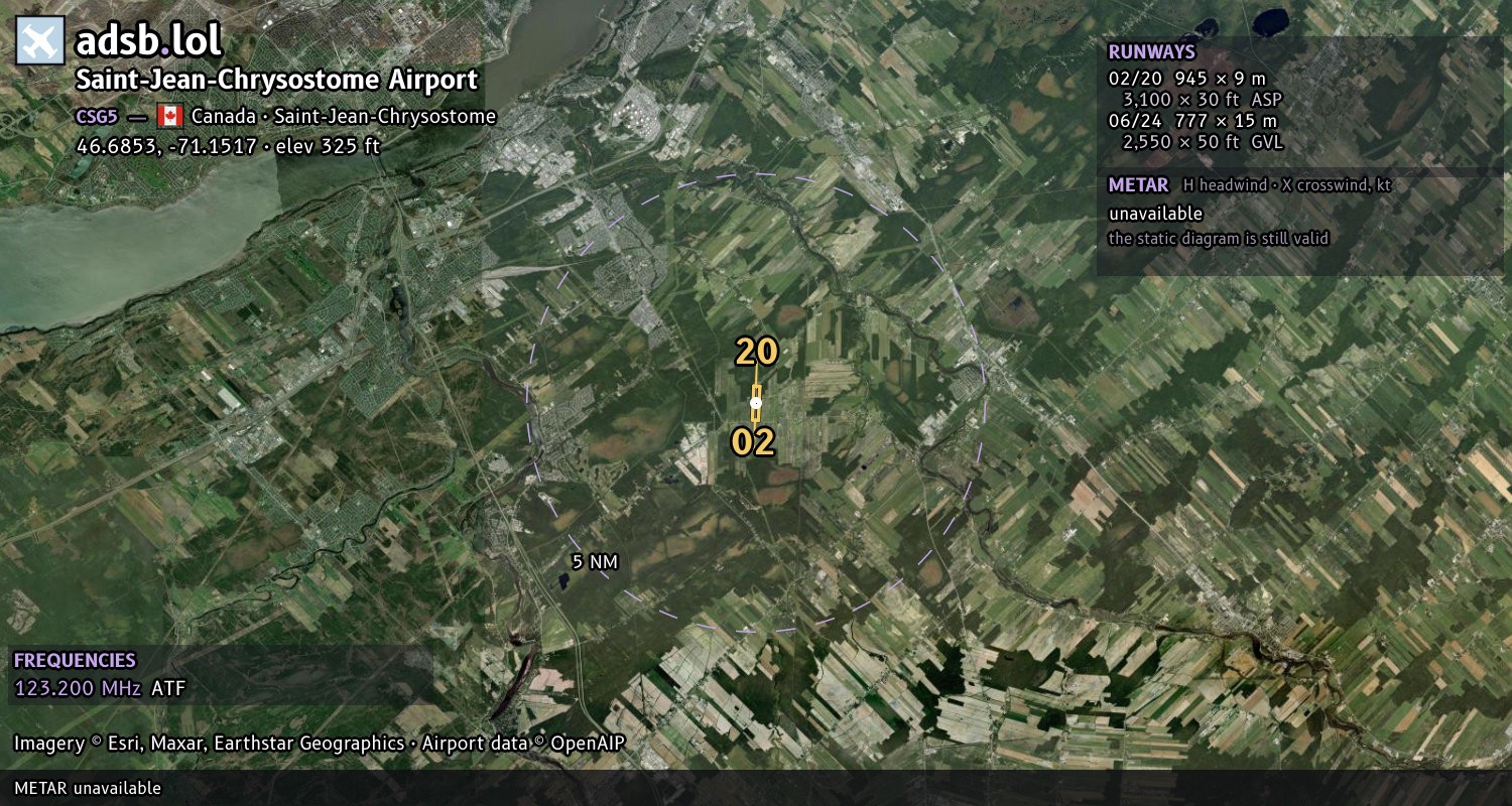 Satellite map with the runway layout of Saint-Jean-Chrysostome Airport (CSG5)