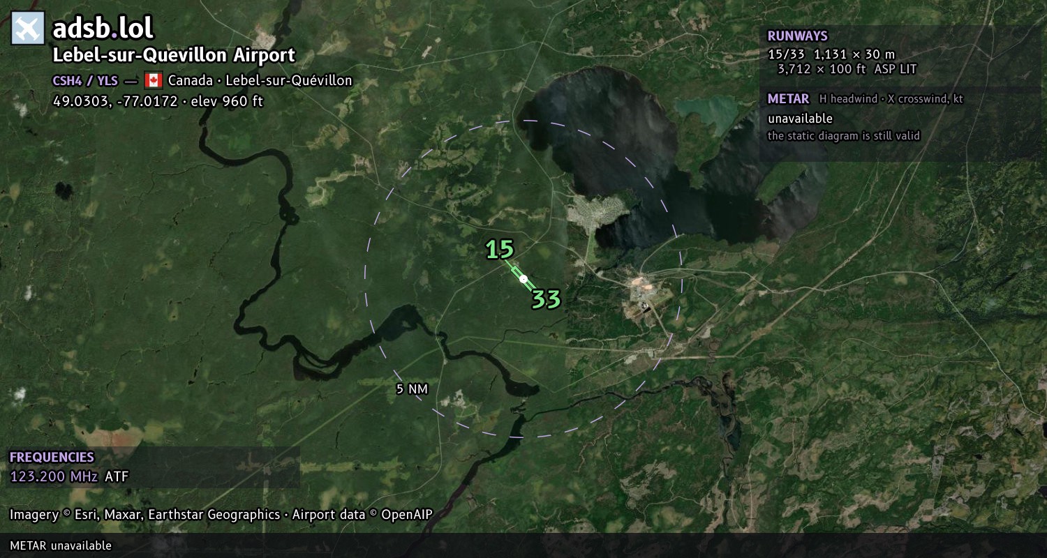 Satellite map with the runway layout of Lebel-sur-Quevillon Airport (CSH4)