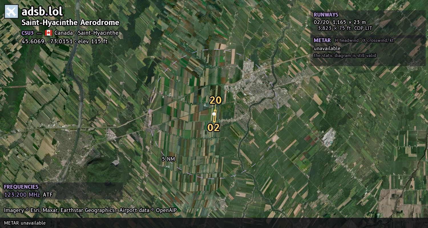 Satellite map with the runway layout of Saint-Hyacinthe Aerodrome (CSU3)