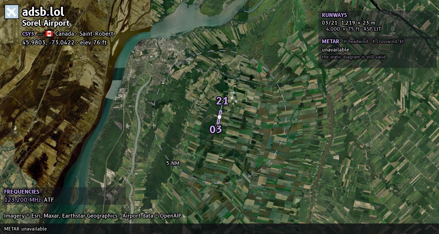 Satellite map with the runway layout of Sorel Airport (CSY3)