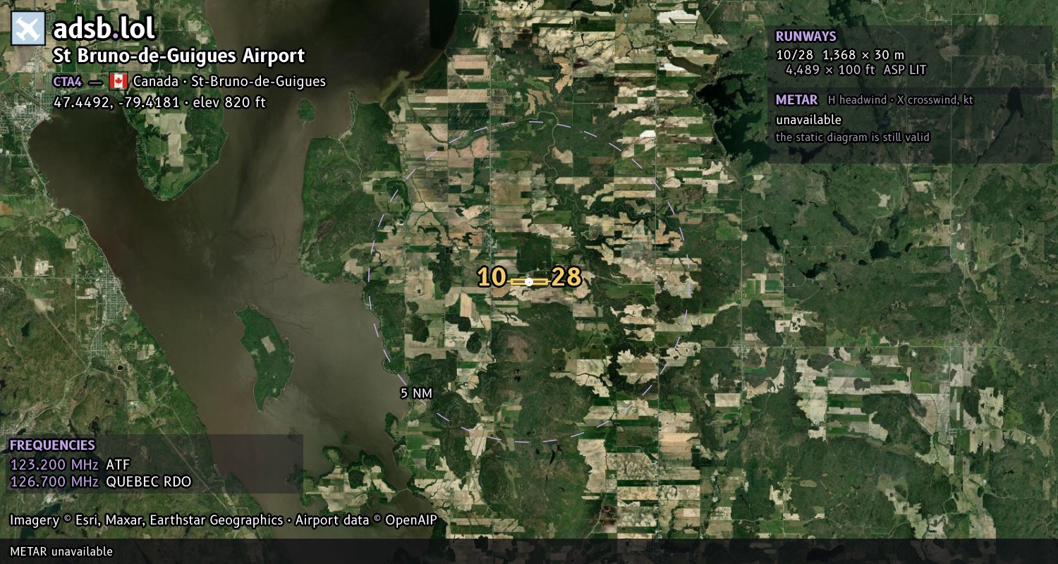 Satellite map with the runway layout of St Bruno-de-Guigues Airport (CTA4)