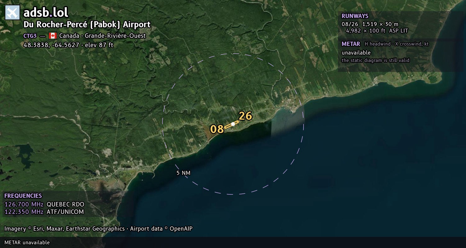 Satellite map with the runway layout of Du Rocher-Percé (Pabok) Airport (CTG3)