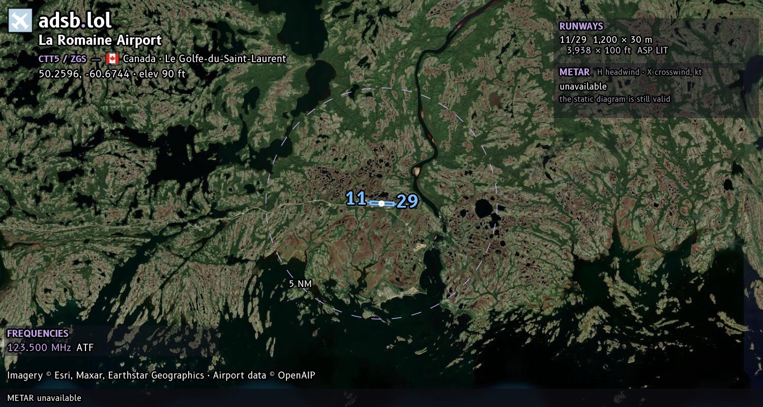 Satellite map with the runway layout of La Romaine Airport (CTT5)