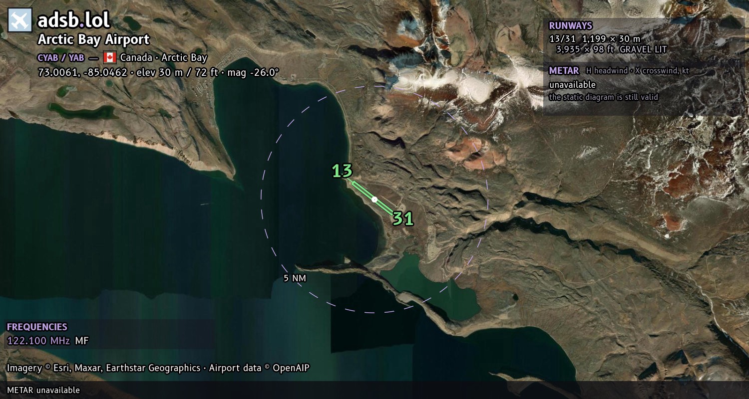 Satellite map with the runway layout of Arctic Bay Airport (CYAB)