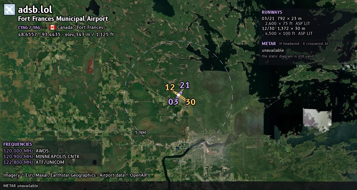 Satellite map with the runway layout of Fort Frances Municipal Airport (CYAG)