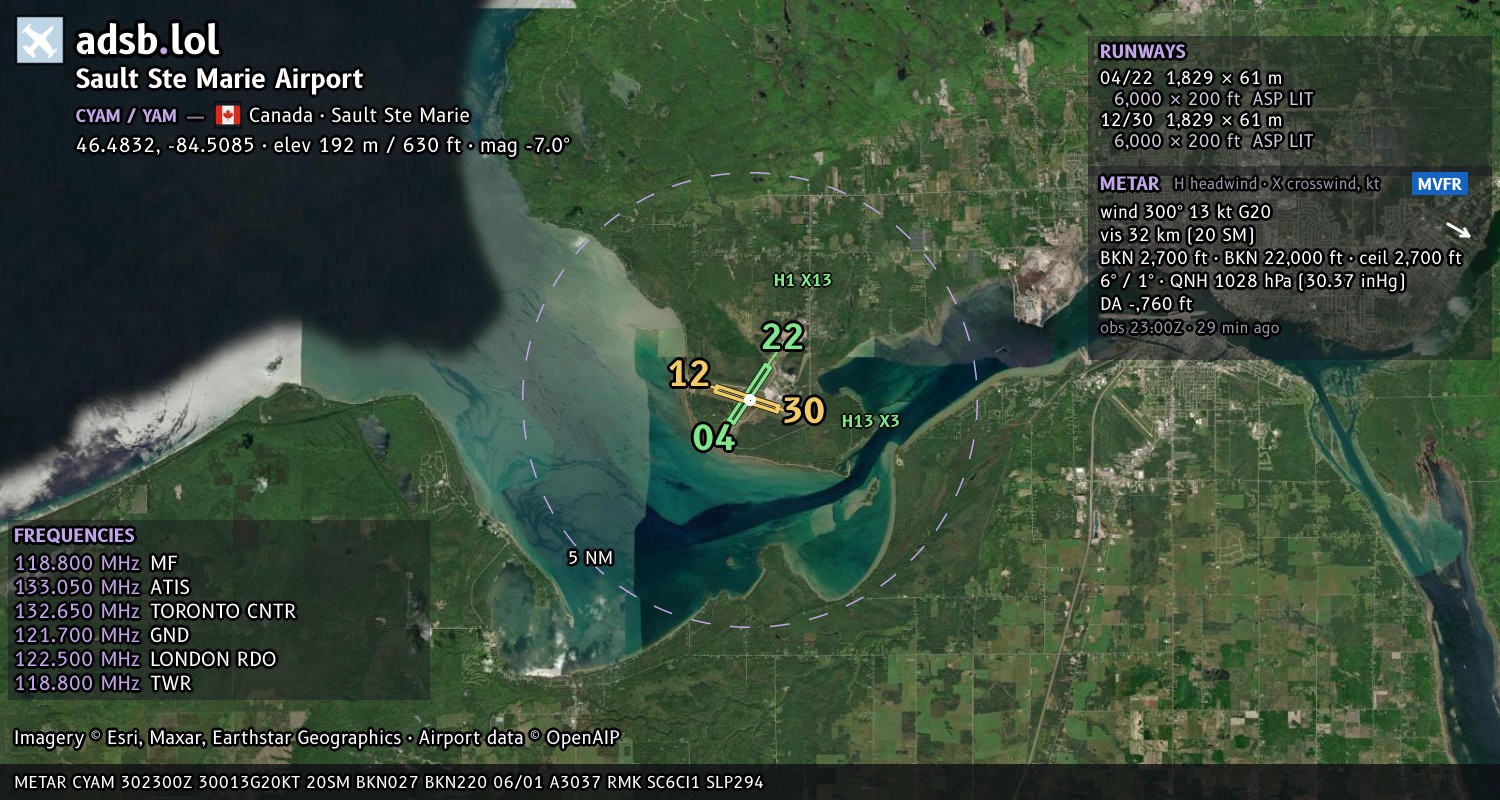 Satellite map with the runway layout of Sault Ste Marie Airport (CYAM)