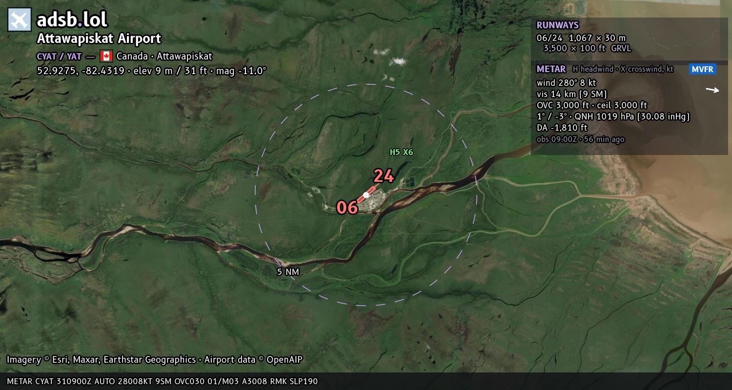 Satellite map with the runway layout of Attawapiskat Airport (CYAT)