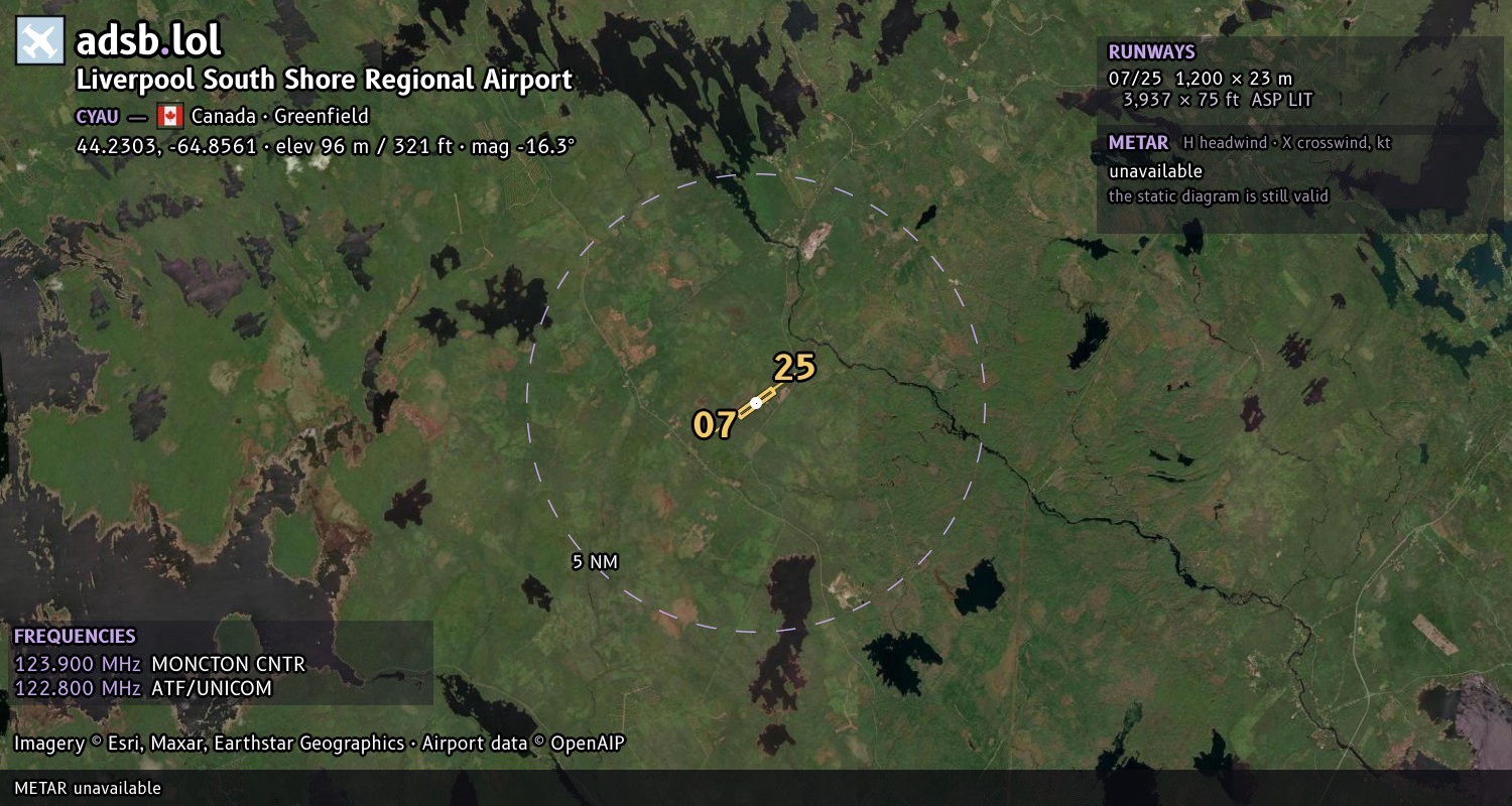 Satellite map with the runway layout of Liverpool South Shore Regional Airport (CYAU)