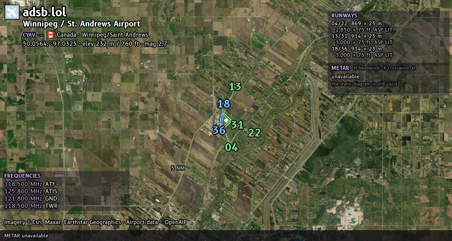 Satellite map with the runway layout of Winnipeg / St. Andrews Airport (CYAV)