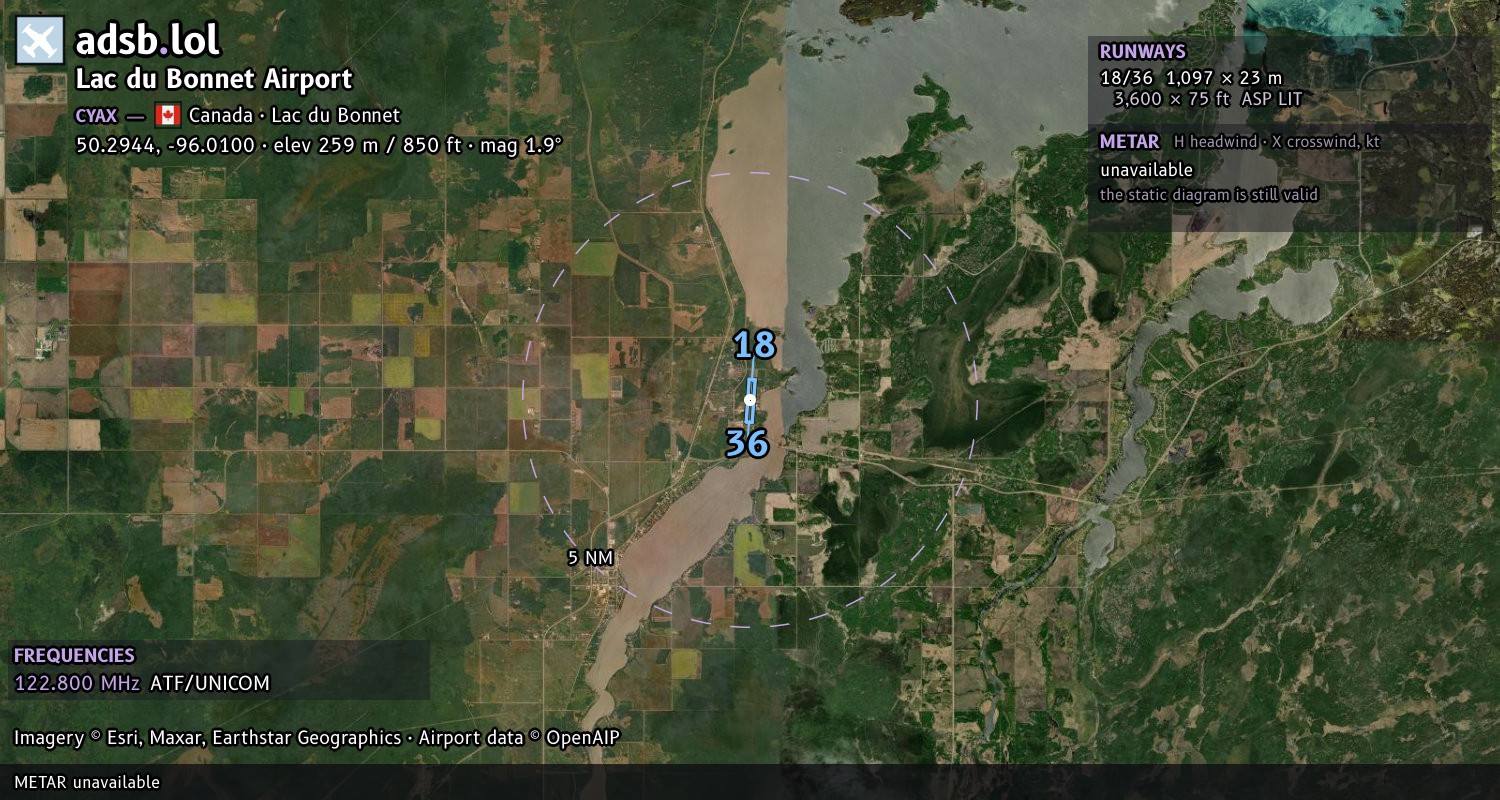 Satellite map with the runway layout of Lac du Bonnet Airport (CYAX)