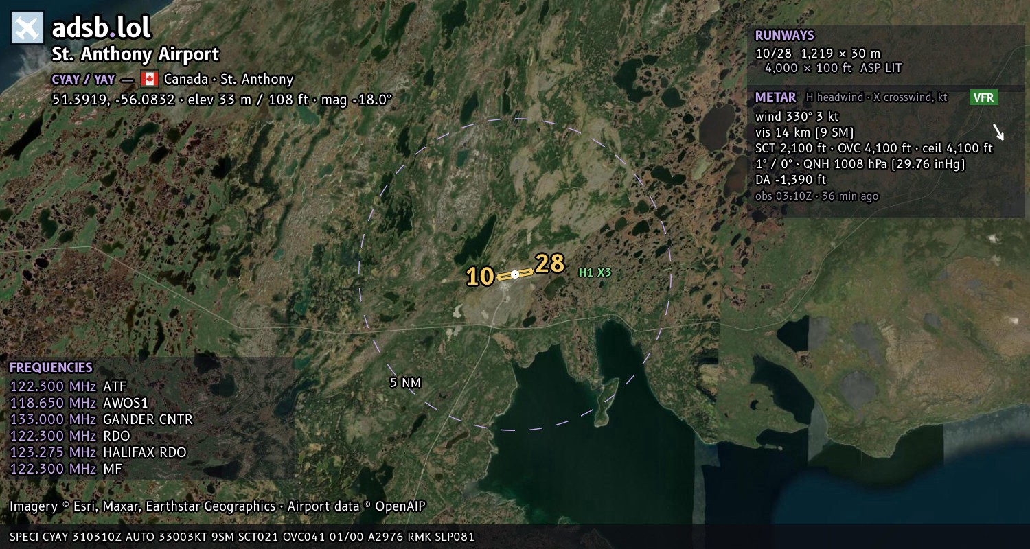 Satellite map with the runway layout of St. Anthony Airport (CYAY)