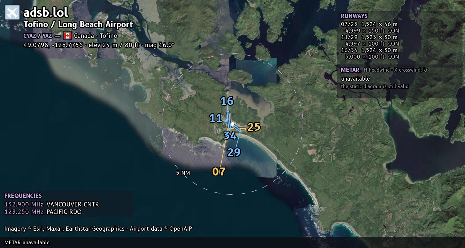 Satellite map with the runway layout of Tofino / Long Beach Airport (CYAZ)