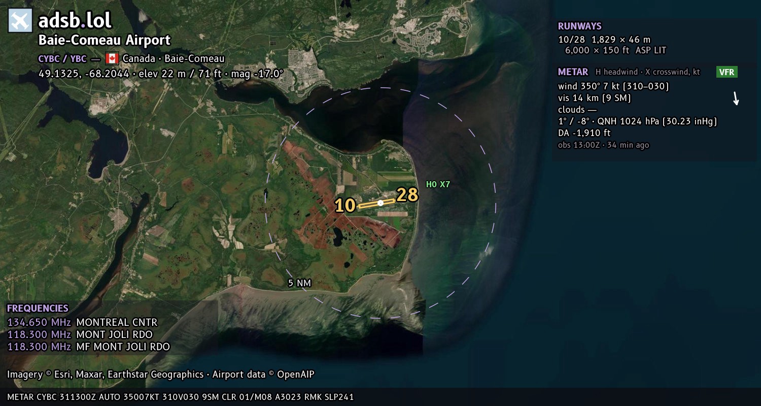 Satellite map with the runway layout of Baie-Comeau Airport (CYBC)