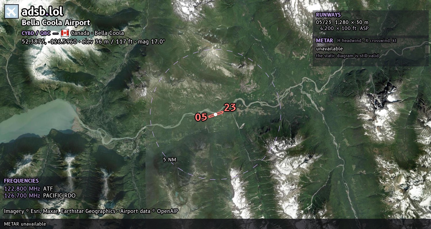 Satellite map with the runway layout of Bella Coola Airport (CYBD)