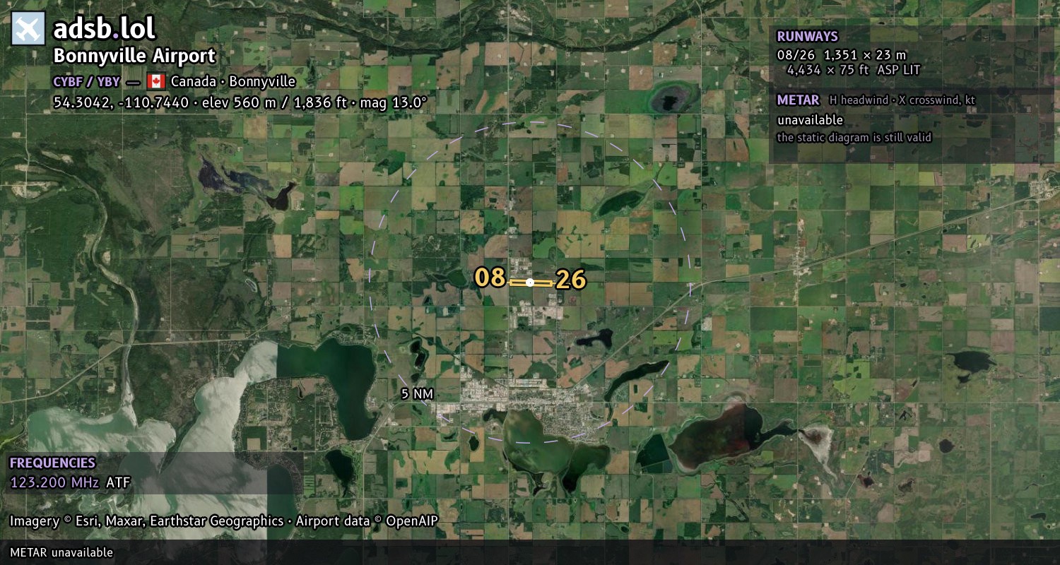 Satellite map with the runway layout of Bonnyville Airport (CYBF)