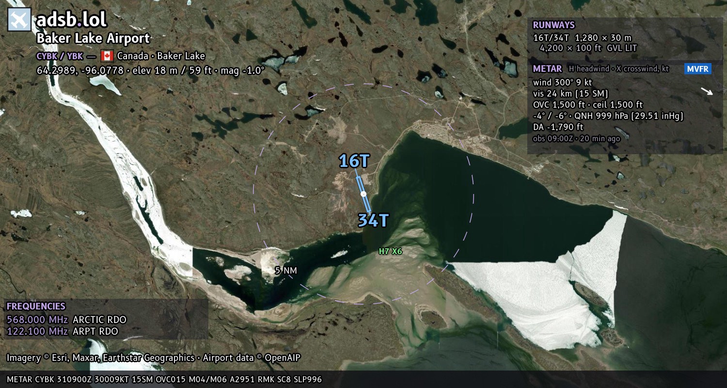 Satellite map with the runway layout of Baker Lake Airport (CYBK)