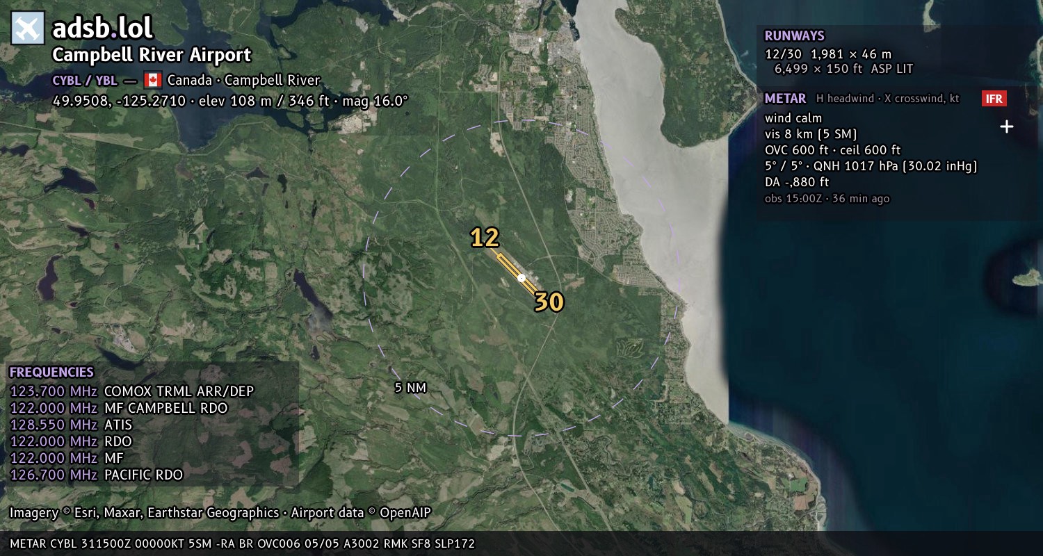 Satellite map with the runway layout of Campbell River Airport (CYBL)