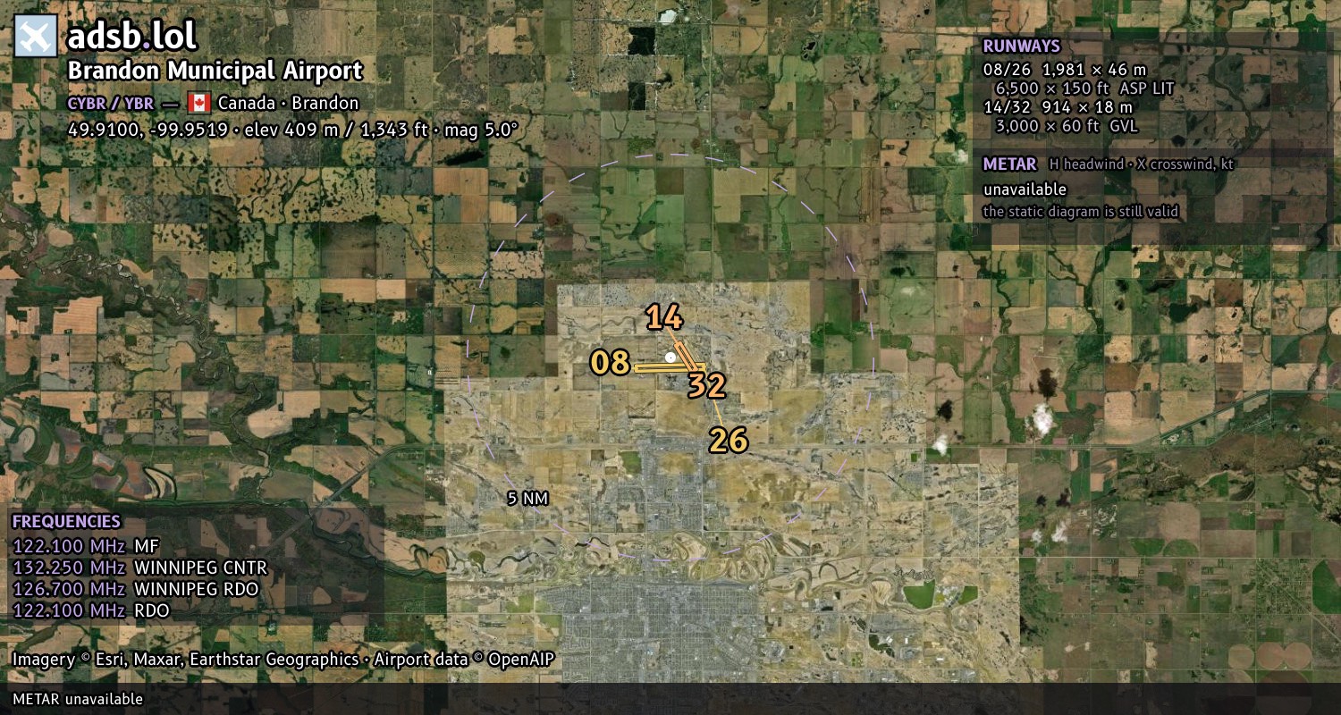 Satellite map with the runway layout of Brandon Municipal Airport (CYBR)