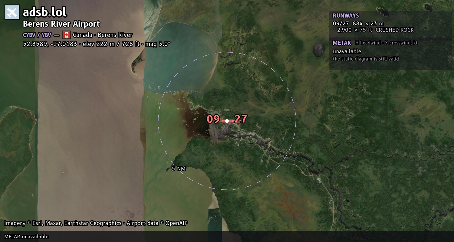 Satellite map with the runway layout of Berens River Airport (CYBV)