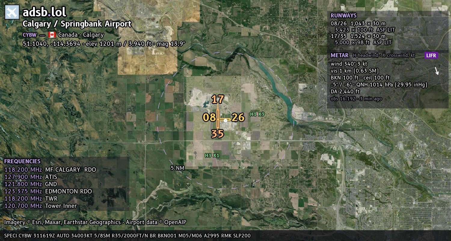 Satellite map with the runway layout of Calgary / Springbank Airport (CYBW)
