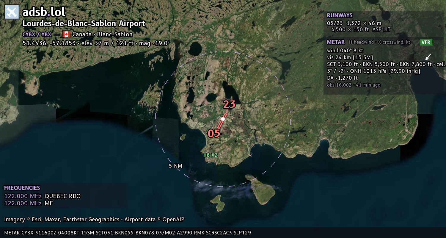 Satellite map with the runway layout of Lourdes-de-Blanc-Sablon Airport (CYBX)