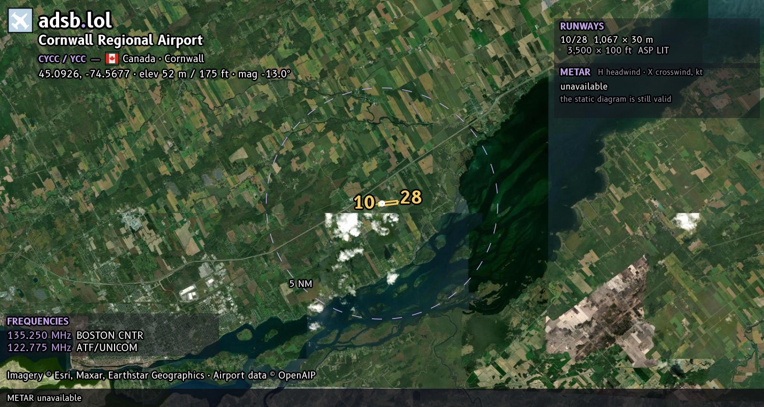 Satellite map with the runway layout of Cornwall Regional Airport (CYCC)