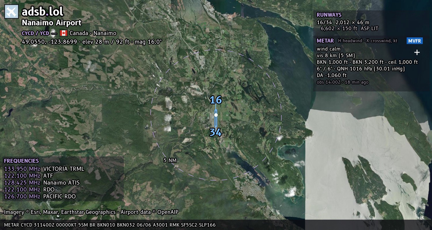 Satellite map with the runway layout of Nanaimo Airport (CYCD)