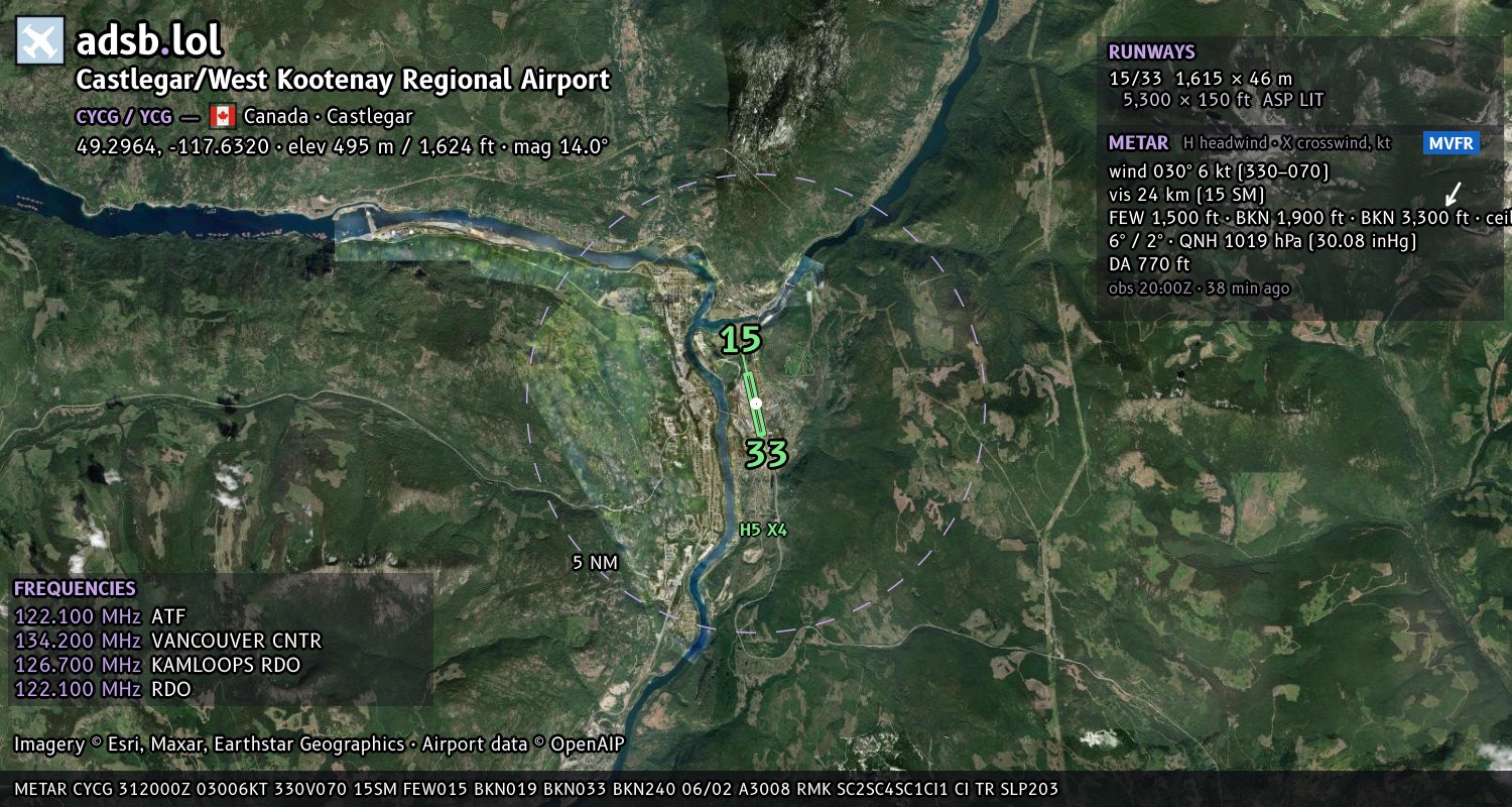 Satellite map with the runway layout of Castlegar/West Kootenay Regional Airport (CYCG)