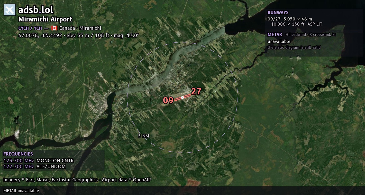 Satellite map with the runway layout of Miramichi Airport (CYCH)