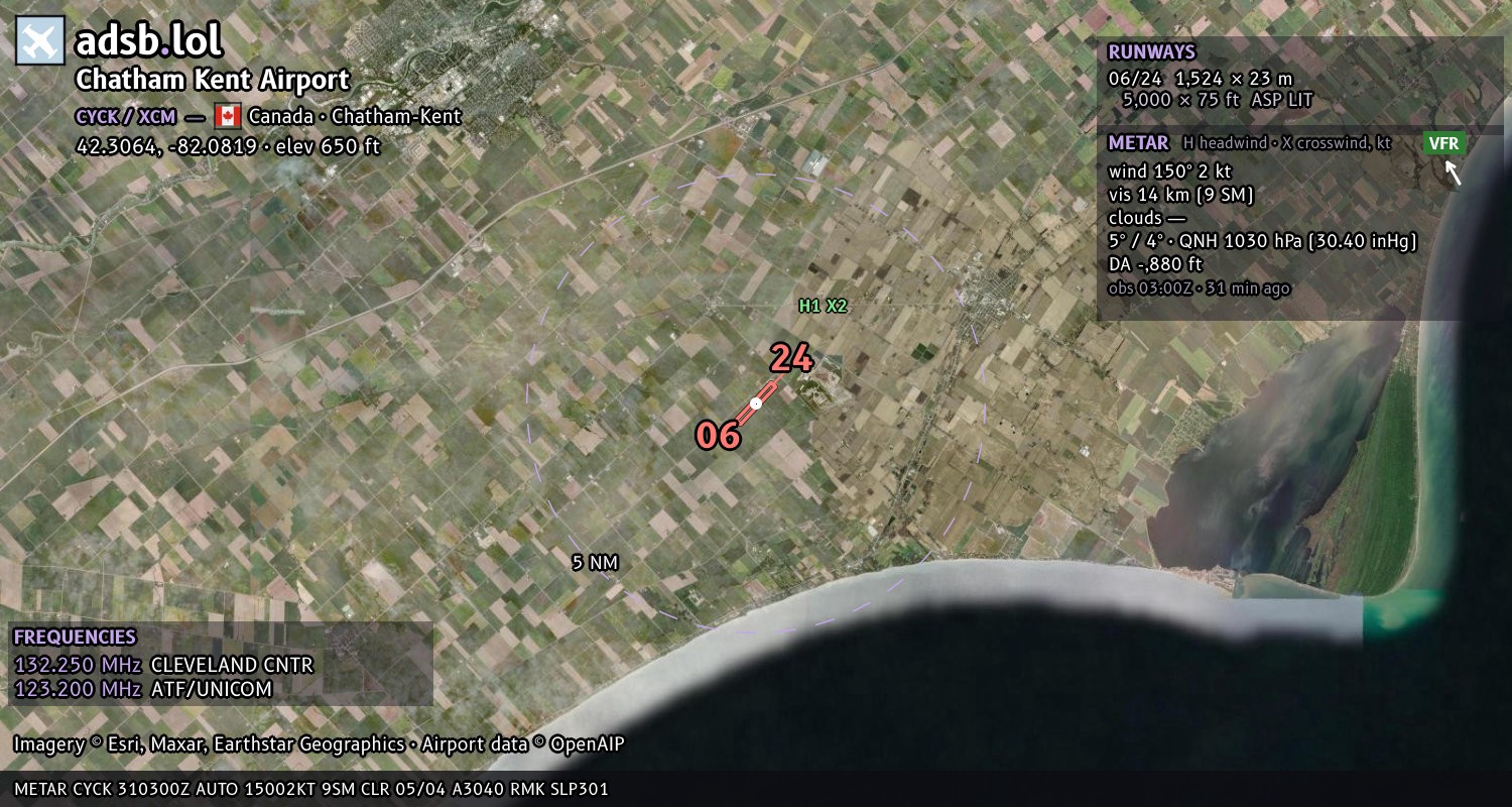 Satellite map with the runway layout of Chatham Kent Airport (CYCK)