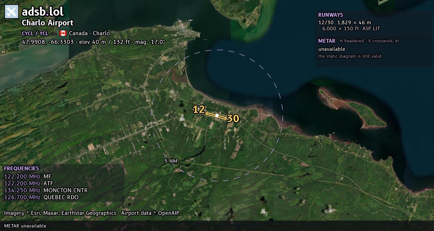 Satellite map with the runway layout of Charlo Airport (CYCL)