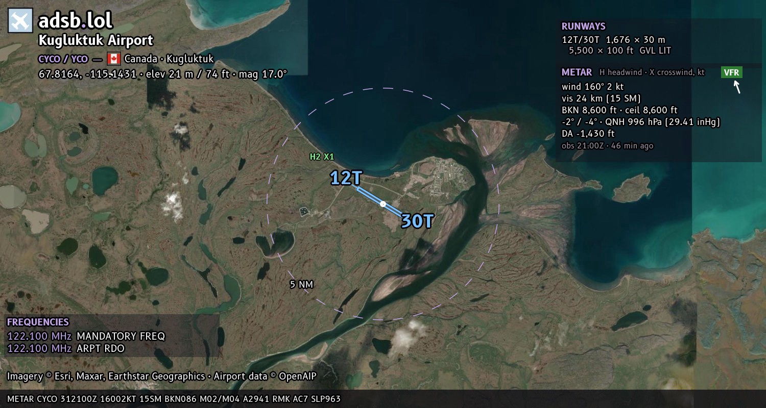 Satellite map with the runway layout of Kugluktuk Airport (CYCO)