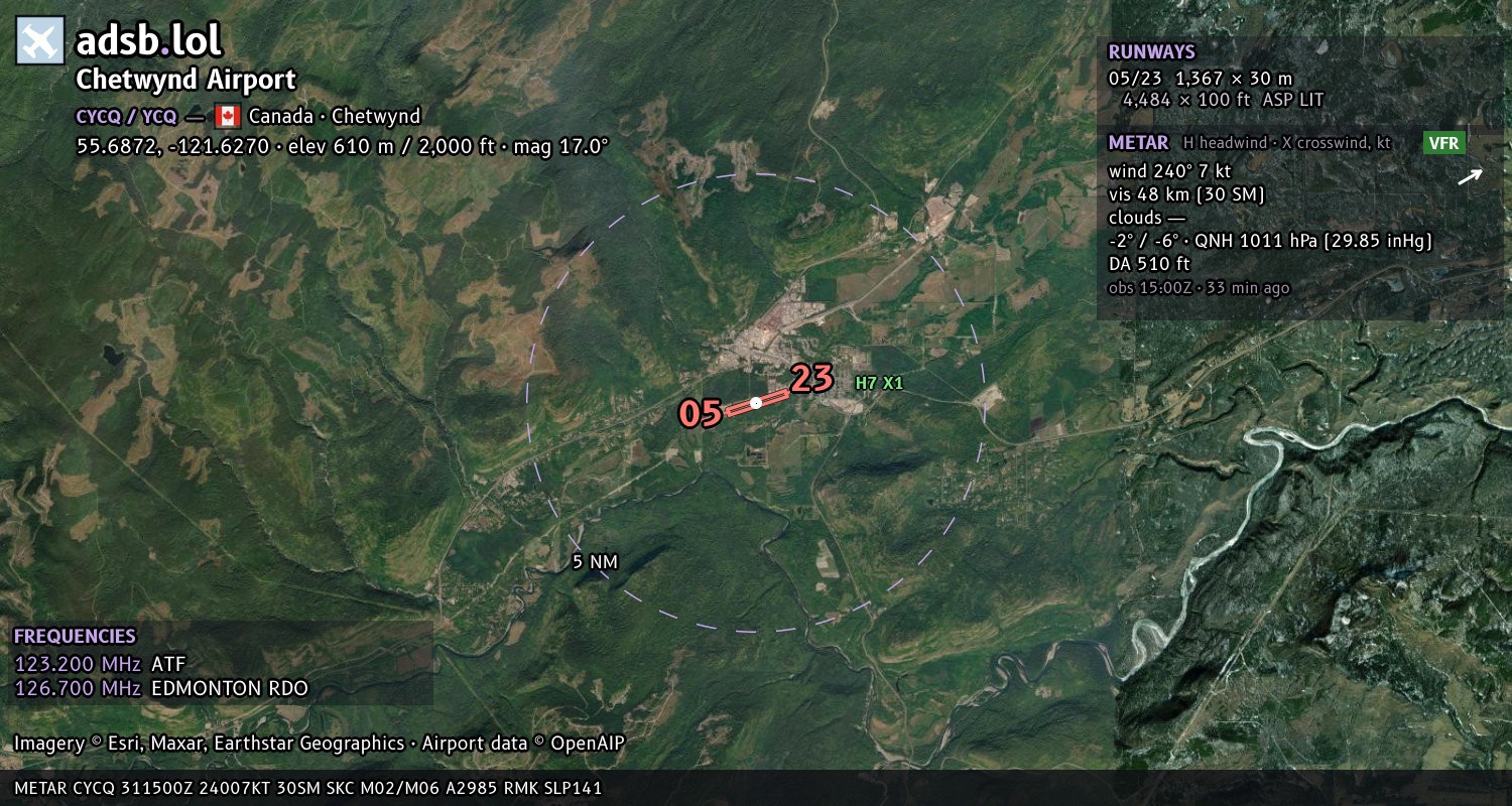 Satellite map with the runway layout of Chetwynd Airport (CYCQ)