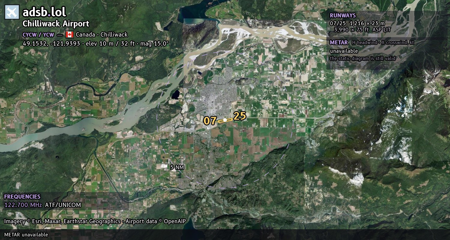 Satellite map with the runway layout of Chilliwack Airport (CYCW)
