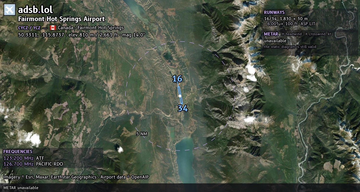 Satellite map with the runway layout of Fairmont Hot Springs Airport (CYCZ)