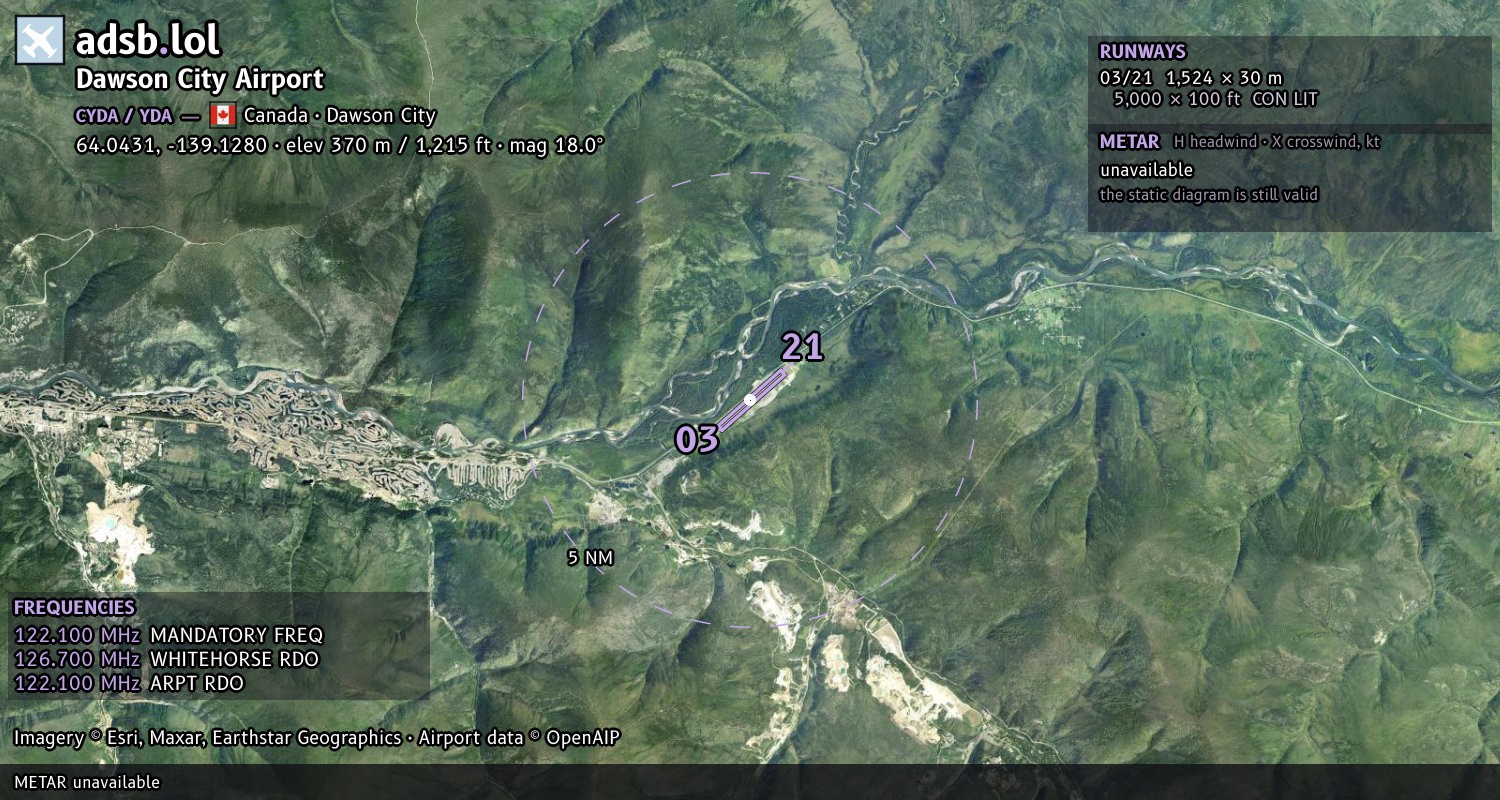 Satellite map with the runway layout of Dawson City Airport (CYDA)