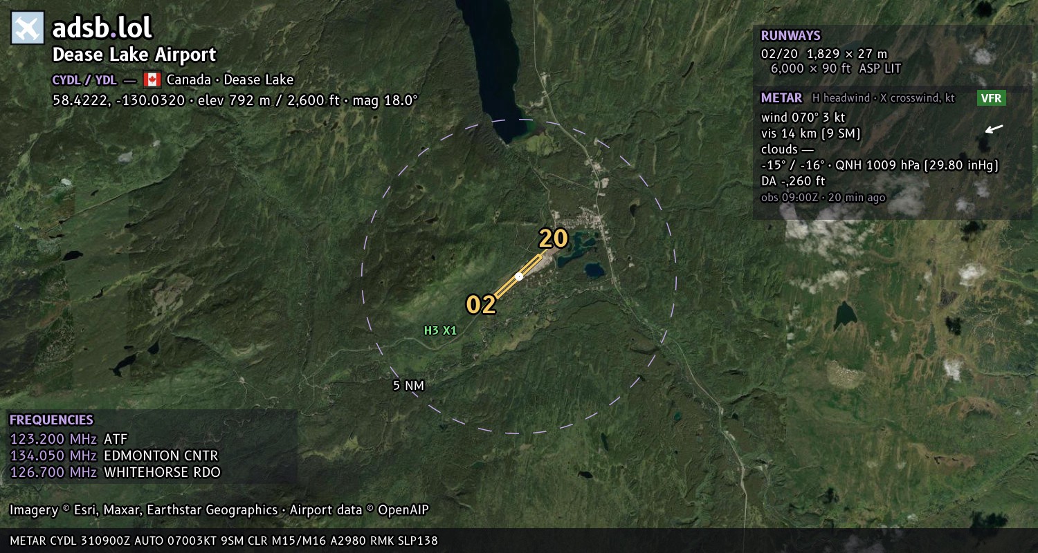 Satellite map with the runway layout of Dease Lake Airport (CYDL)