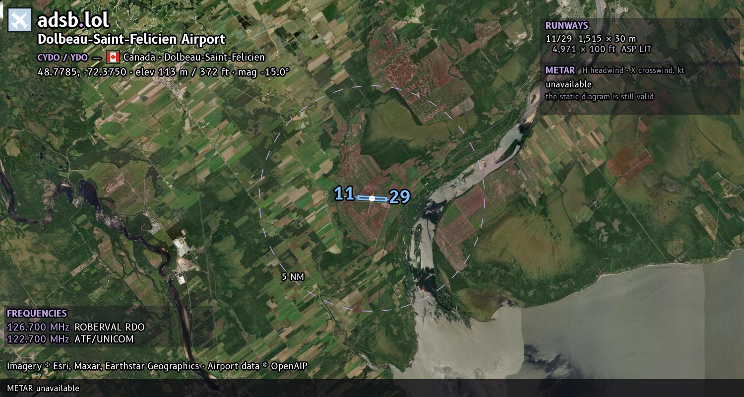 Satellite map with the runway layout of Dolbeau-Saint-Felicien Airport (CYDO)