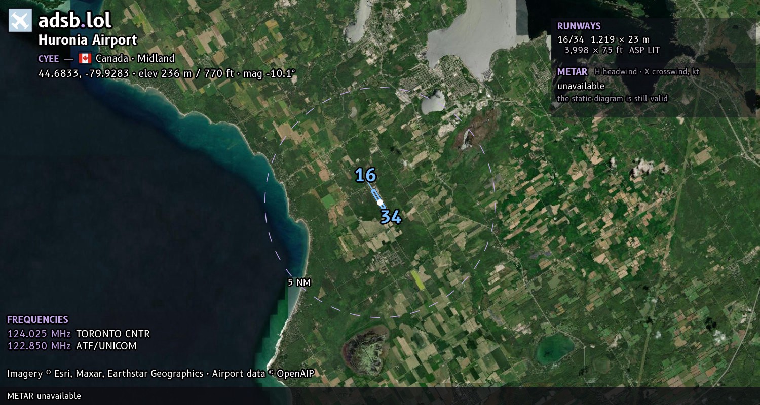Satellite map with the runway layout of Huronia Airport (CYEE)