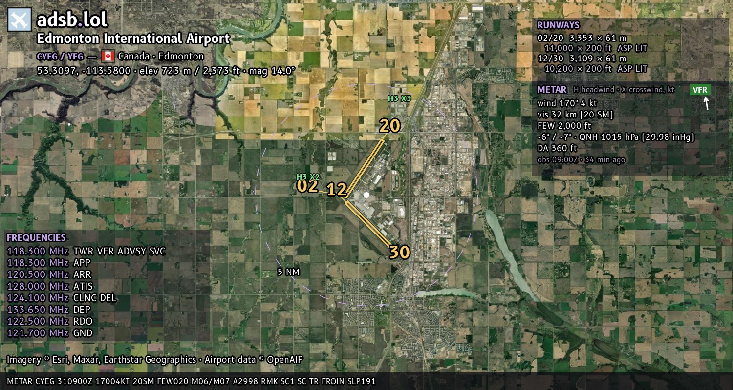 Satellite map with the runway layout of Edmonton International Airport (CYEG)