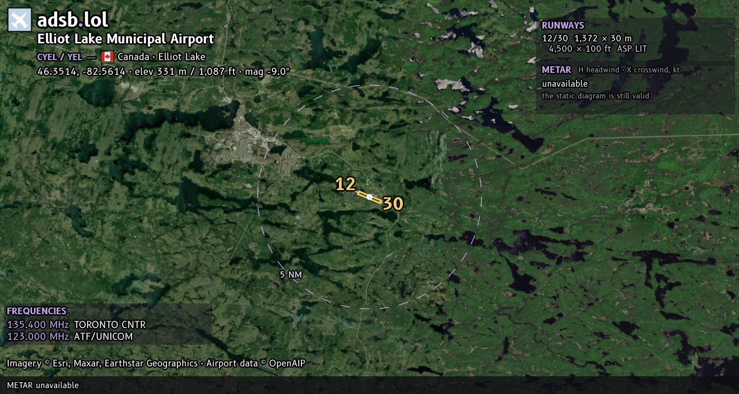Satellite map with the runway layout of Elliot Lake Municipal Airport (CYEL)