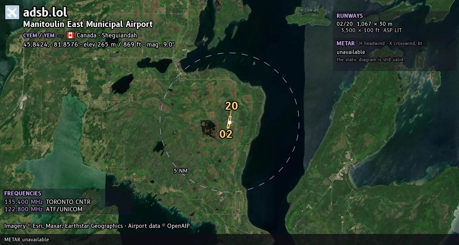 Satellite map with the runway layout of Manitoulin East Municipal Airport (CYEM)