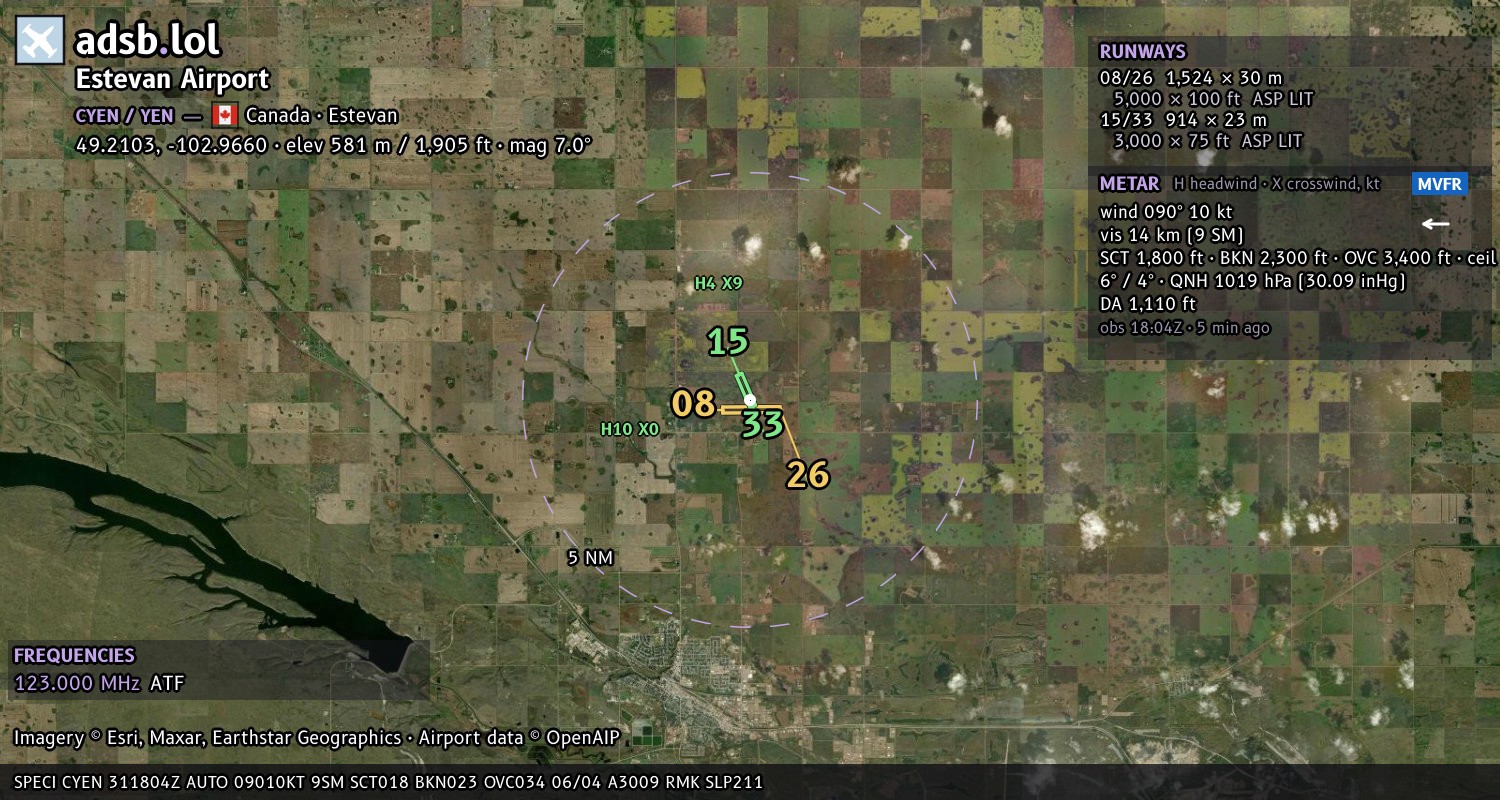 Satellite map with the runway layout of Estevan Airport (CYEN)