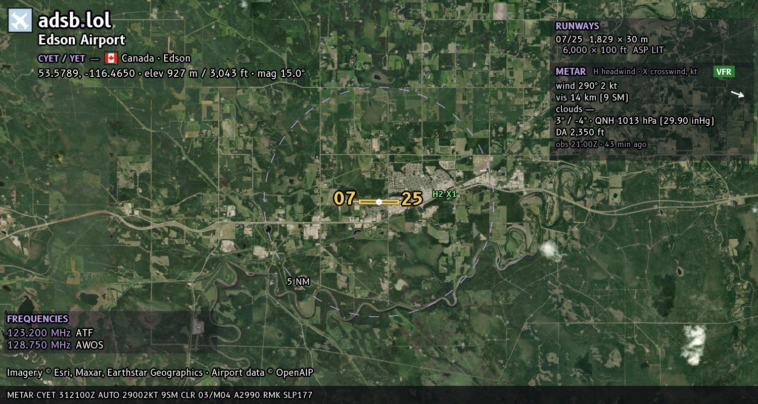 Satellite map with the runway layout of Edson Airport (CYET)