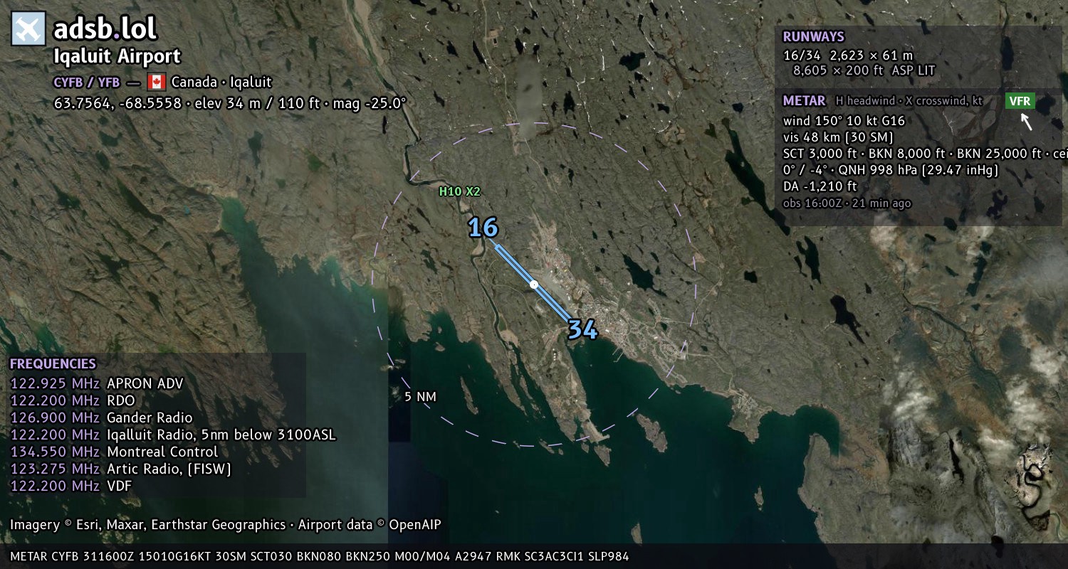 Satellite map with the runway layout of Iqaluit Airport (CYFB)