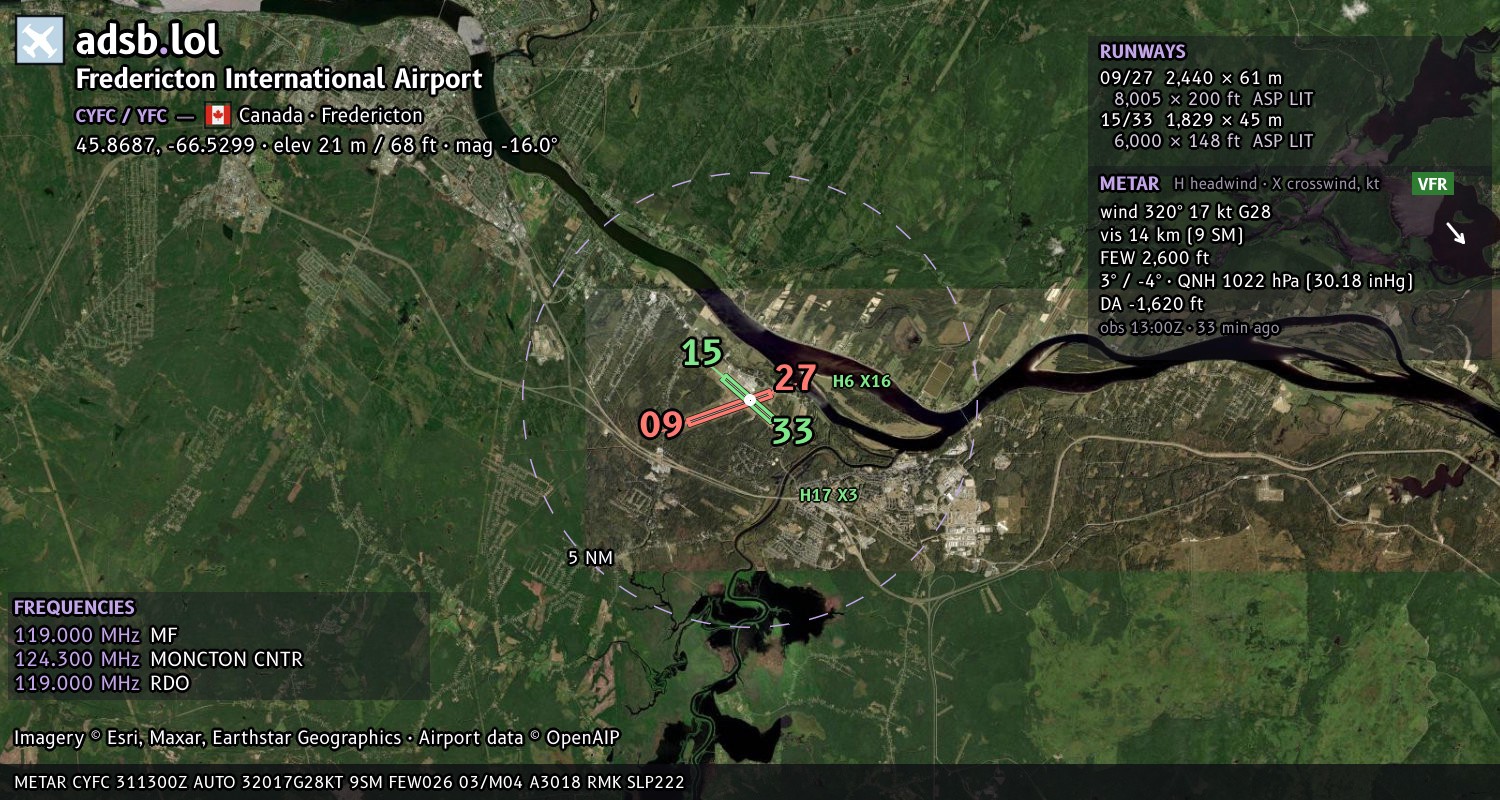 Satellite map with the runway layout of Fredericton International Airport (CYFC)