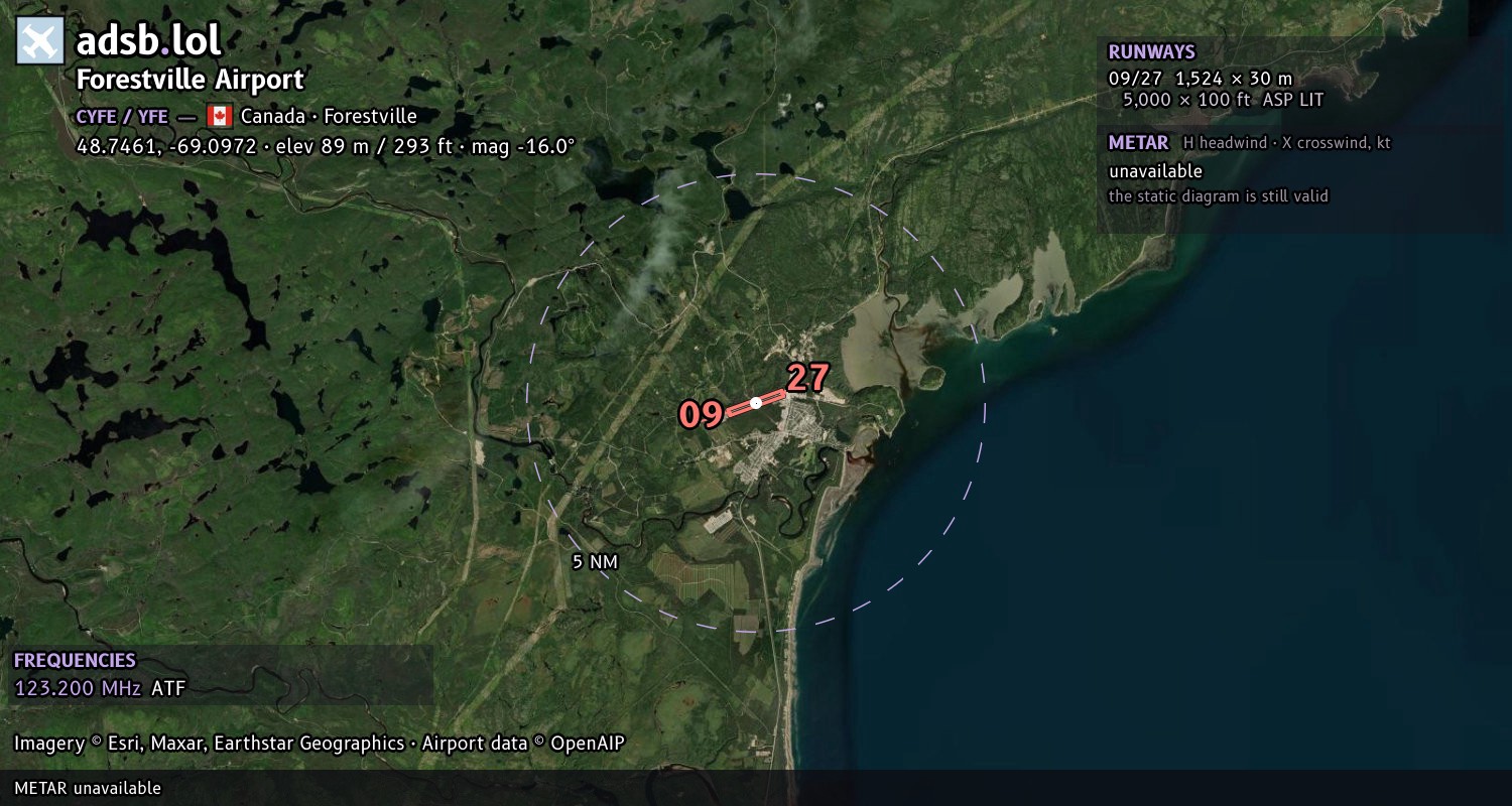 Satellite map with the runway layout of Forestville Airport (CYFE)