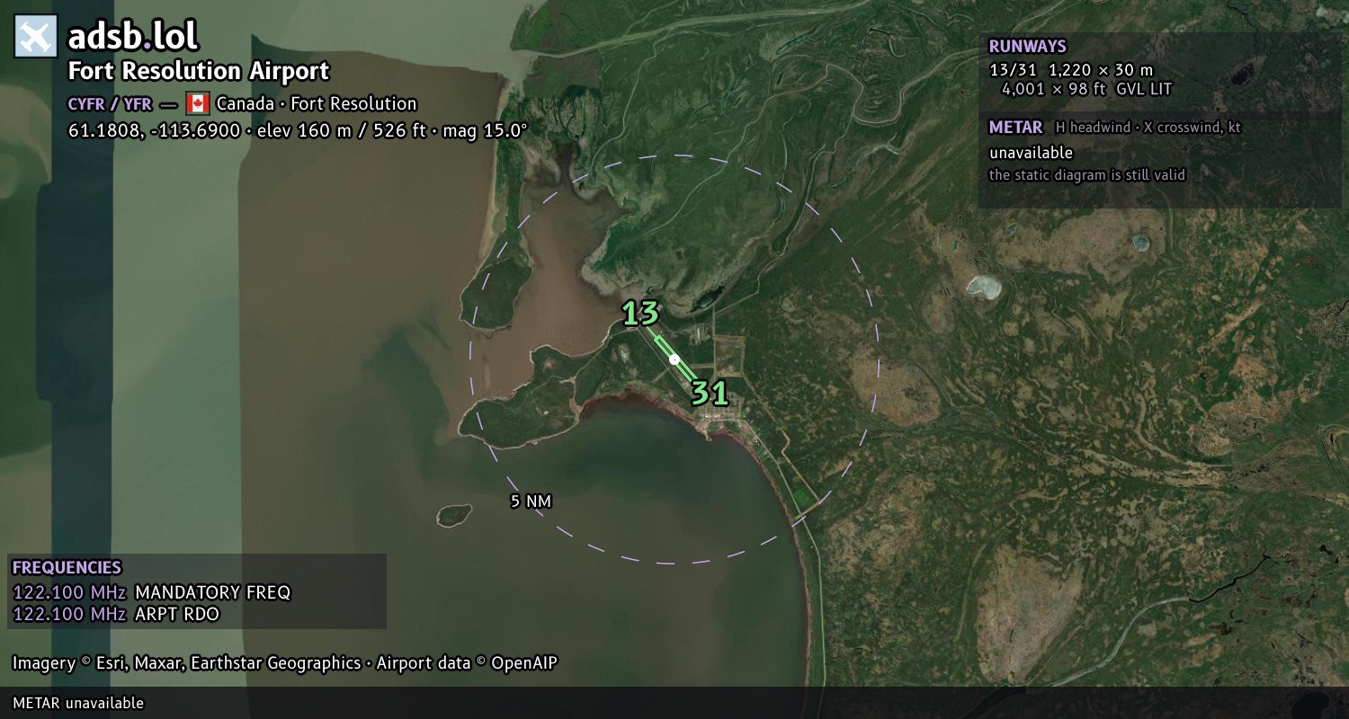 Satellite map with the runway layout of Fort Resolution Airport (CYFR)