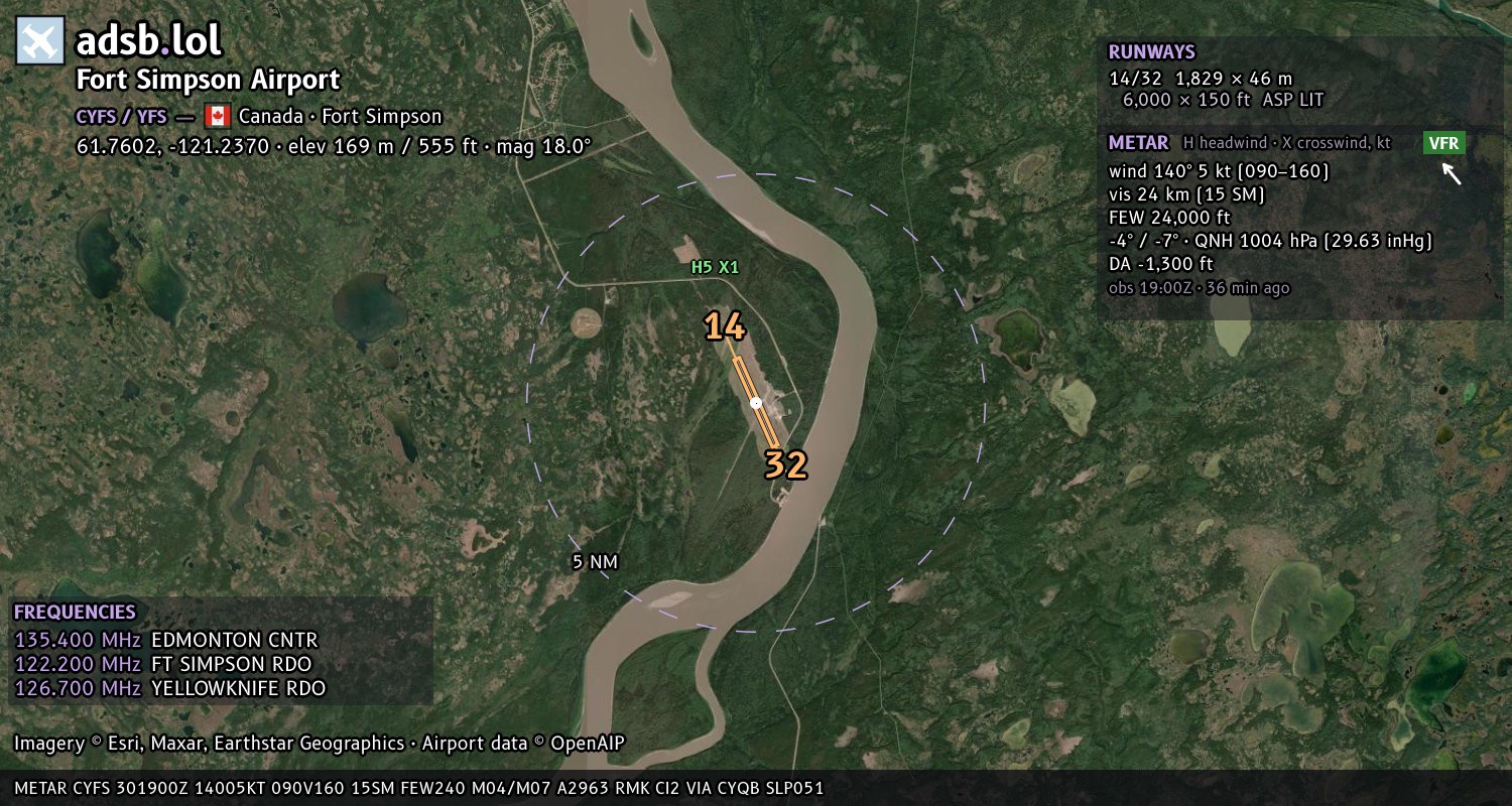 Satellite map with the runway layout of Fort Simpson Airport (CYFS)
