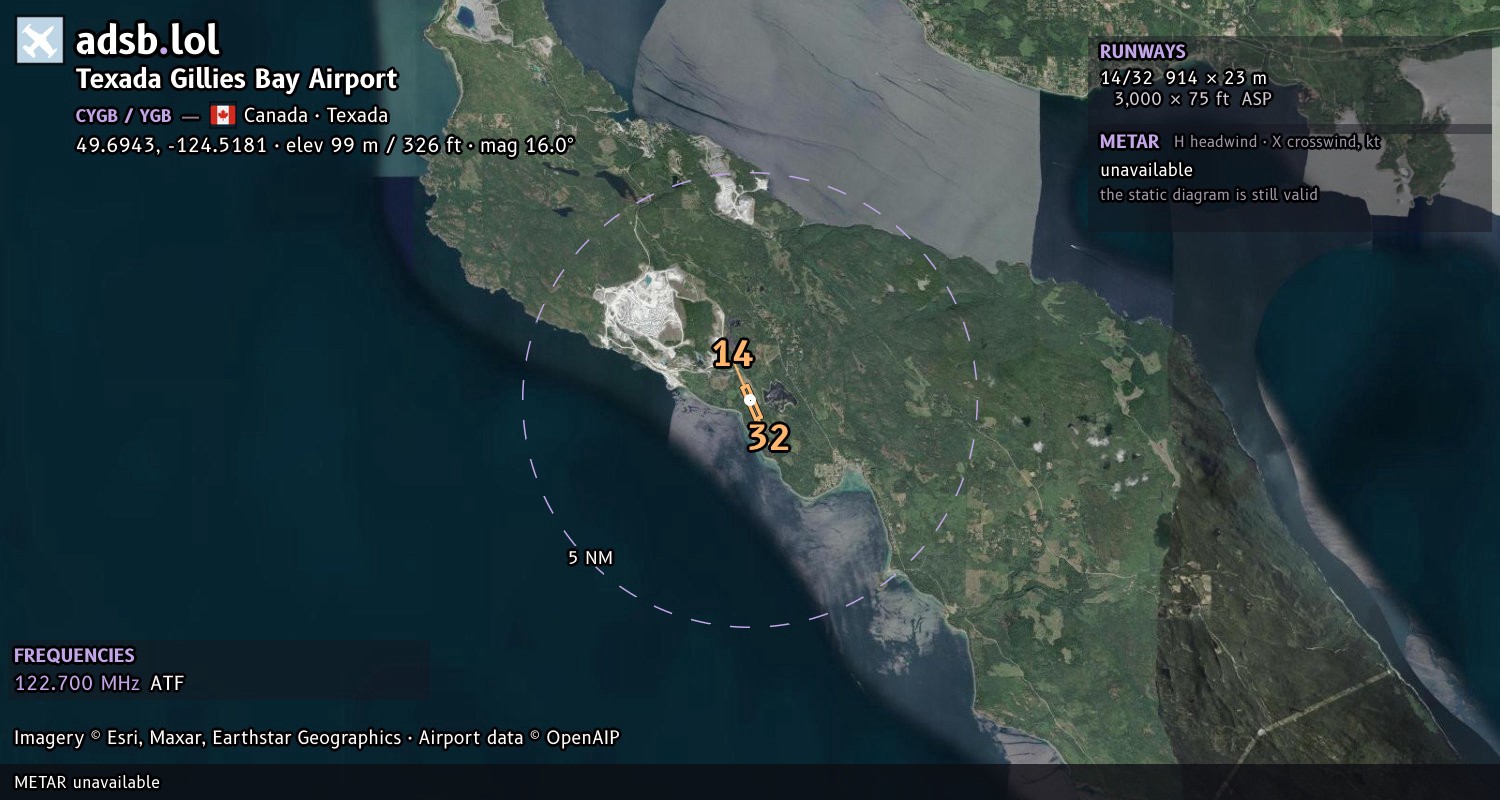 Satellite map with the runway layout of Texada Gillies Bay Airport (CYGB)